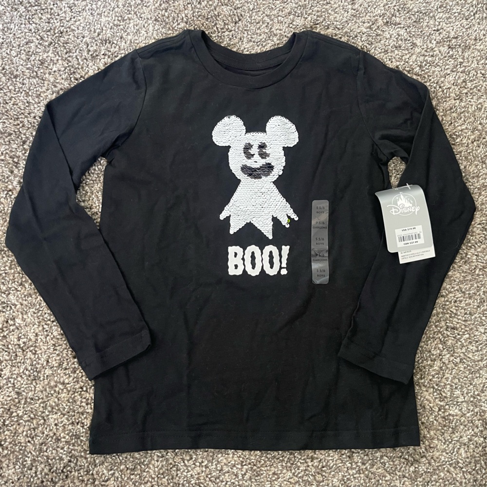 NWT Disney Store Halloween Mickey Mouse Ghost Flip Sequin Long Sleeve Shirt 5/6